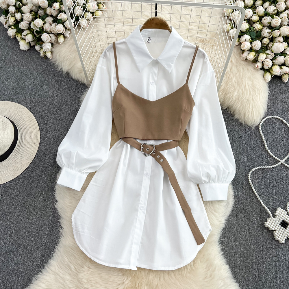 Autumn Vintage White Shirt Dress Two-Piece Set 921