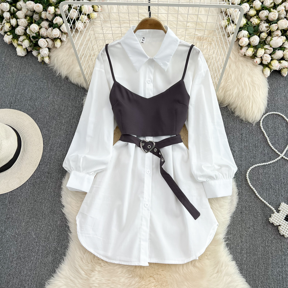 Autumn Vintage White Shirt Dress Two-Piece Set 921