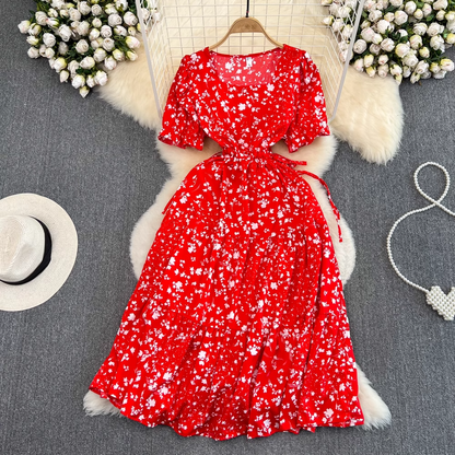 Square Collar Bubble Short-sleeved A-line Floral Dress French Retro Long Skirt 922