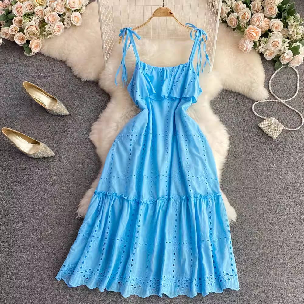 Summer Hollow A line Dress Elegant Spaghetti Strap Skirt 927
