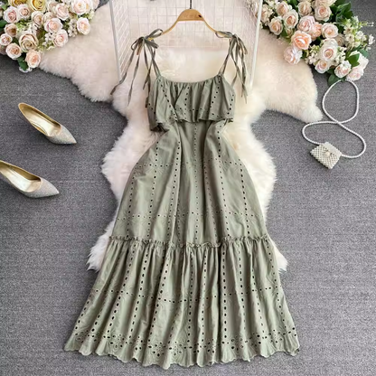 Summer Hollow A line Dress Elegant Spaghetti Strap Skirt 927