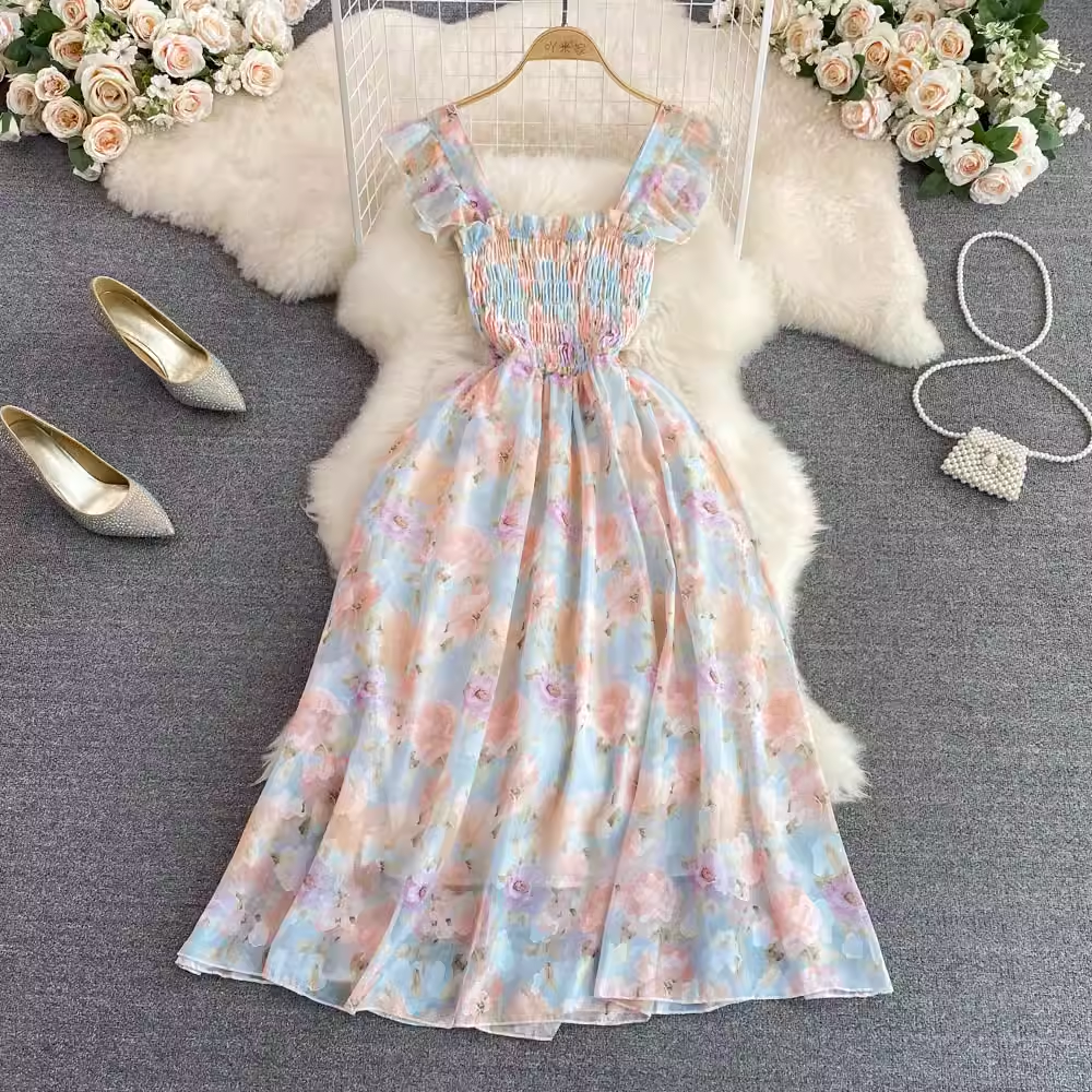 Sweet Floral Spaghetti Strap Skirt Summer Print A-Line Dress Elegant Long Dress 931