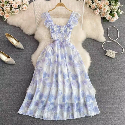 Sweet Floral Spaghetti Strap Skirt Summer Print A-Line Dress Elegant Long Dress 931