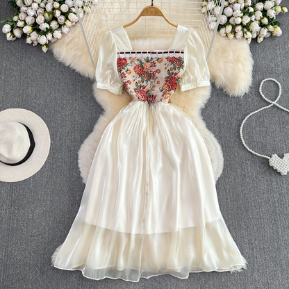 Bubble Short-sleeved Fairy Summer Square Collar Mid-length A-line Dress 933