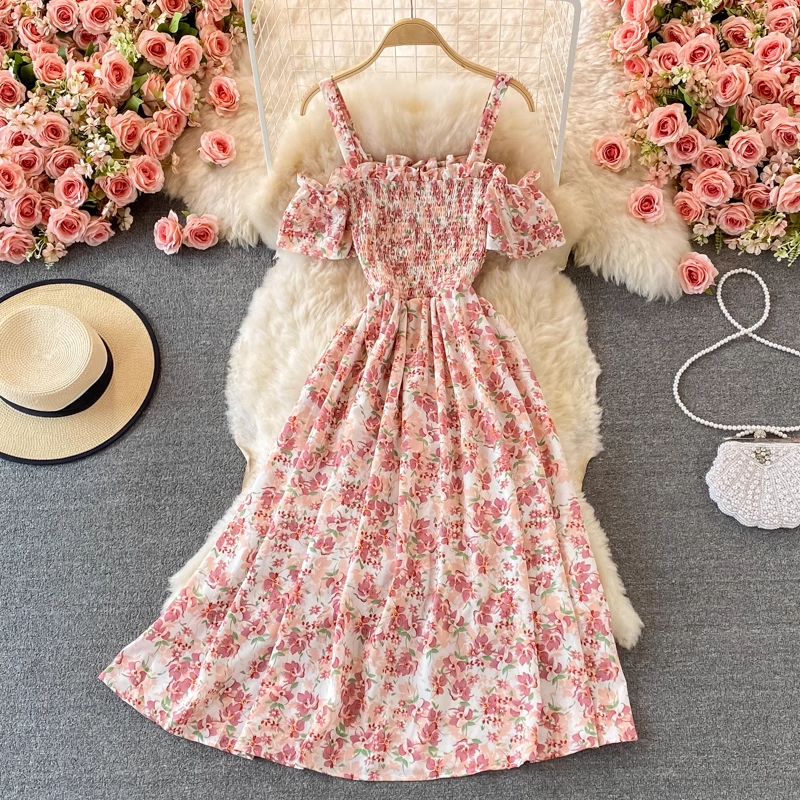 Summer Floral Dress French Spaghetti Strap Dress 941