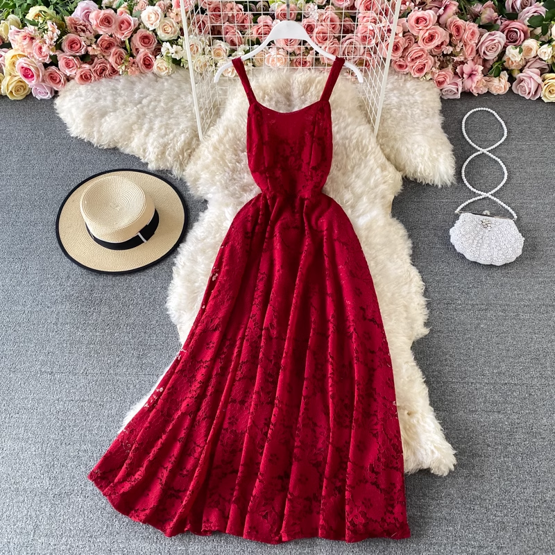 Retro Fairy Spaghetti Strap Skirt Backless Lace Summer Mid Length Dress 943