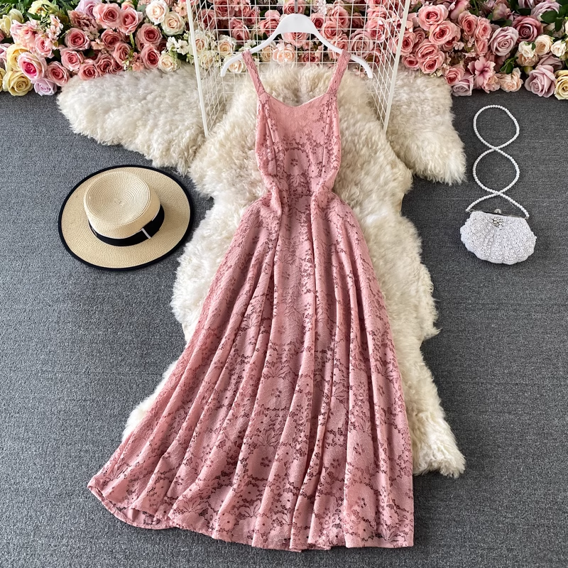 Retro Fairy Spaghetti Strap Skirt Backless Lace Summer Mid Length Dress 943