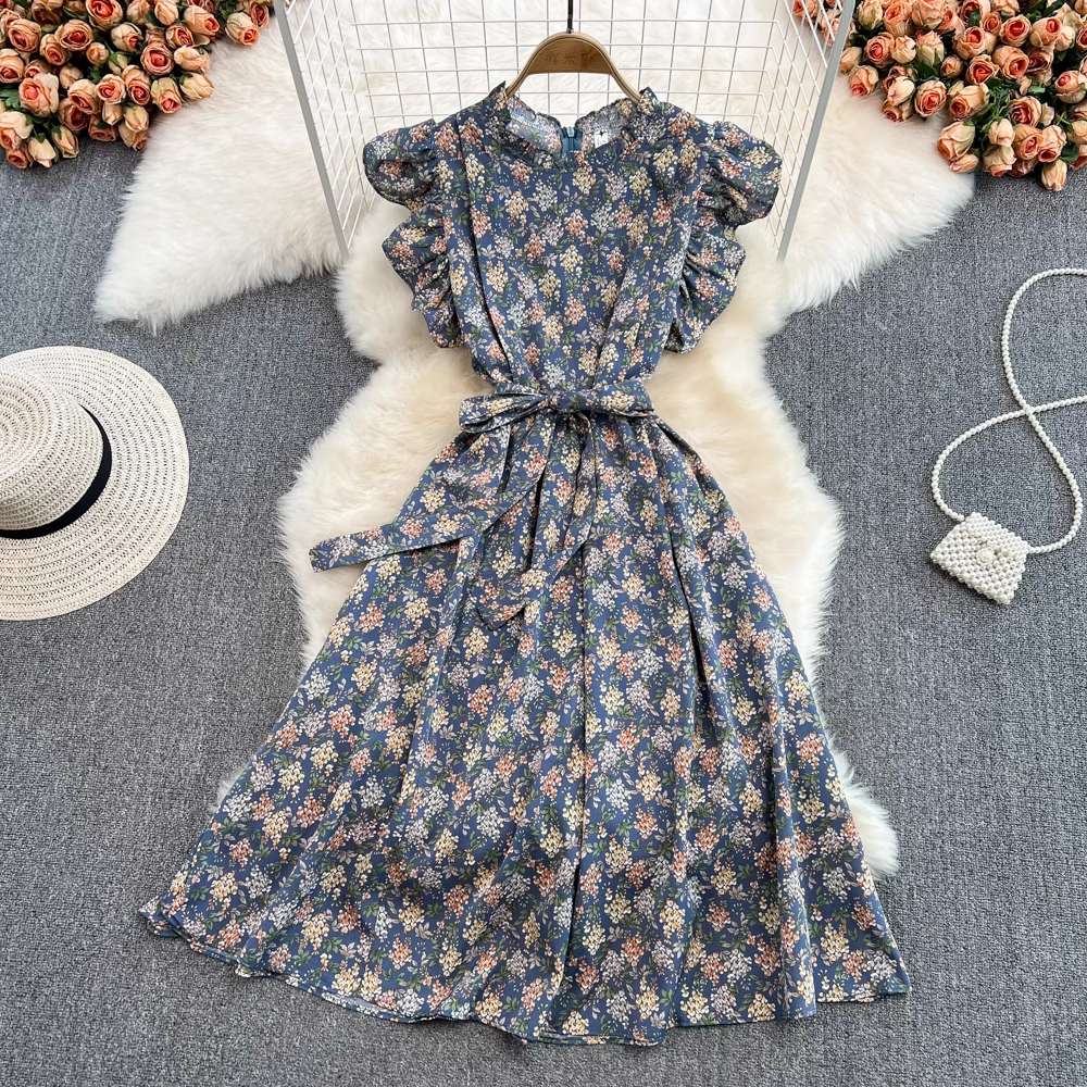 Summer Sweet Thin Floral Chiffon Ruffle Sleeve Dress 944