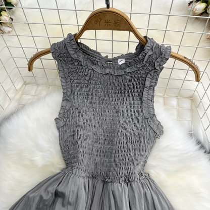 Sleeveless Round A-Line Ruffle Dress Summer Long Skirt 947