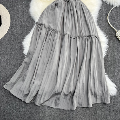 Sleeveless Round A-Line Ruffle Dress Summer Long Skirt 947