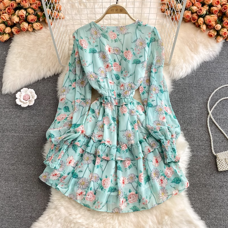 Fairy French V-neck Ruffle Skirt Floral Chiffon Dress 952