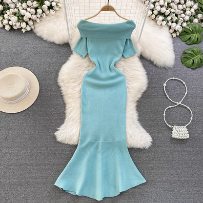 Off-the-shoulder Ruffled Knitted Fishtail Dress for Summer 954