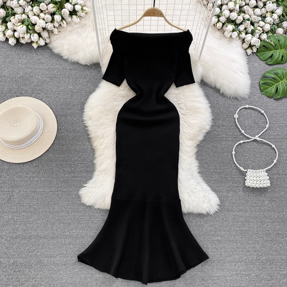 Off-the-shoulder Ruffled Knitted Fishtail Dress for Summer 954