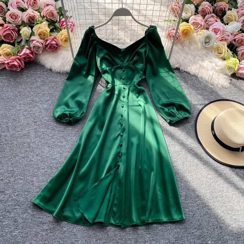 French Mid-length V-neck Dress Long Sleeve Summer Dress 960