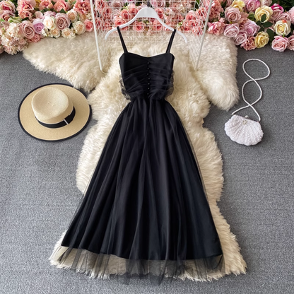 French Sleeveless Dress Spaghetti Strap Fairy Tulle Long Dress 967