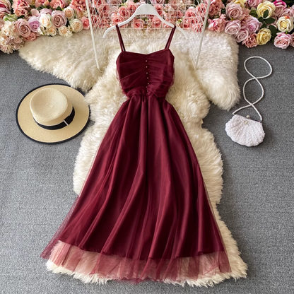 French Sleeveless Dress Spaghetti Strap Fairy Tulle Long Dress 967