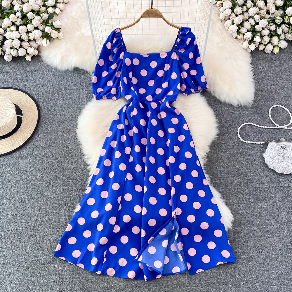 Summer Bubble Sleeves Dress High Waist Mid-length Slit  A-line Dress 973