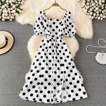 Summer Bubble Sleeves Dress High Waist Mid-length Slit  A-line Dress 973