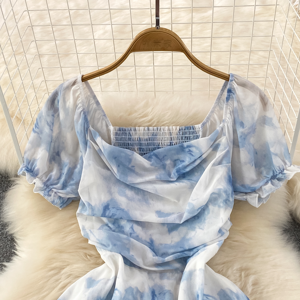Summer Retro Square Collar Puff Sleeve Skirt Printed A-line Fairy Dress 979