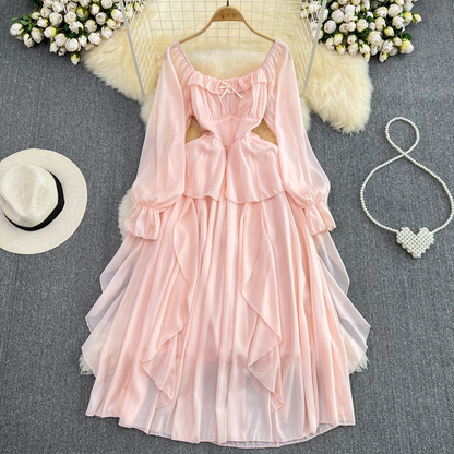 French Fairy Long-sleeved Square-neck Dress A line Ruffles Long Skirt Summer 982