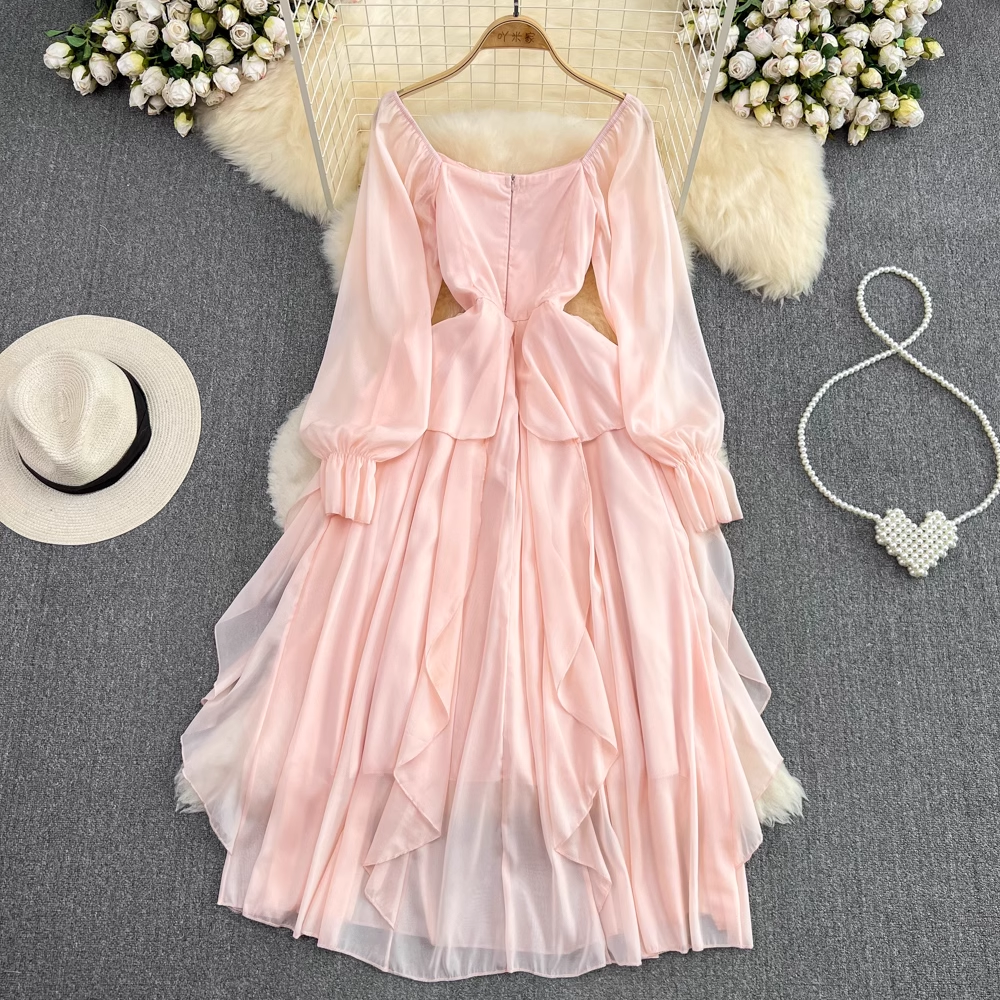 French Fairy Long-sleeved Square-neck Dress A line Ruffles Long Skirt Summer 982