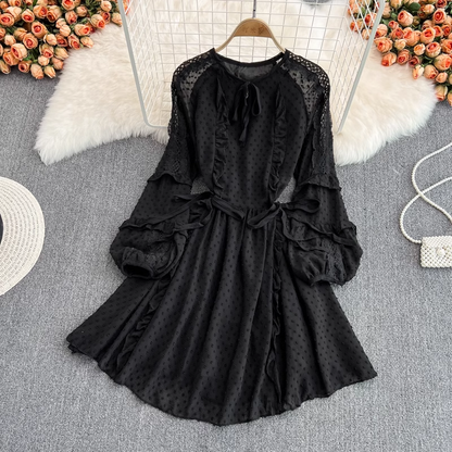 Vintage French Chiffon Midi Dress Long Sleeve Fairy Dress 985