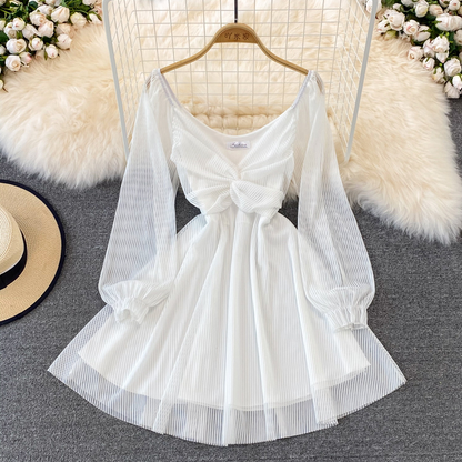 French Retro Long-sleeved Mesh Skirt Summer Fairy Dress 986