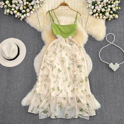 French Floral Spaghetti Strap Skirt Summer Sleeveless Mid length A line Chiffon Dress 993