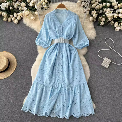 Hollow V-neck Puff Sleeve Dress Summer Fairy Long Skirt 968