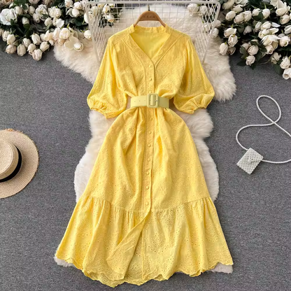 Hollow V-neck Puff Sleeve Dress Summer Fairy Long Skirt 968