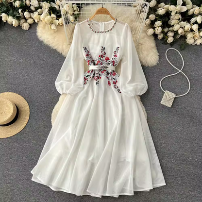 Embroidered Mesh Beaded Long-sleeved Dress Autumn Fairy Dress 999