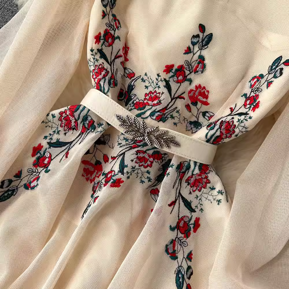 Embroidered Mesh Beaded Long-sleeved Dress Autumn Fairy Dress 999