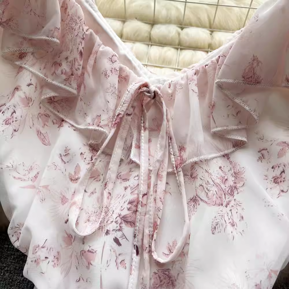 Pink Floral Fairy Dress Summer Chiffon V-neck Slim Skirt 1007