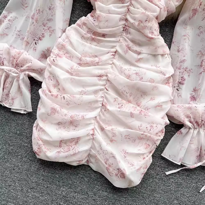 Pink Floral Fairy Dress Summer Chiffon V-neck Slim Skirt 1007
