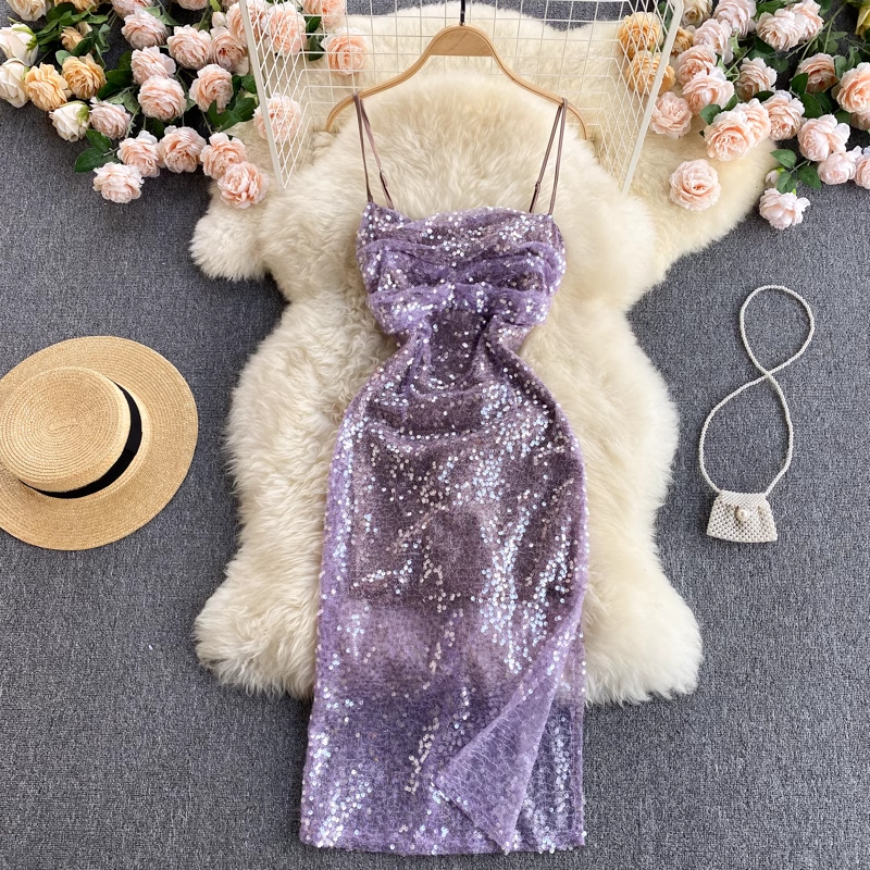 Purple Mid Length Sequined Spaghetti Strap Evening Dress 1128
