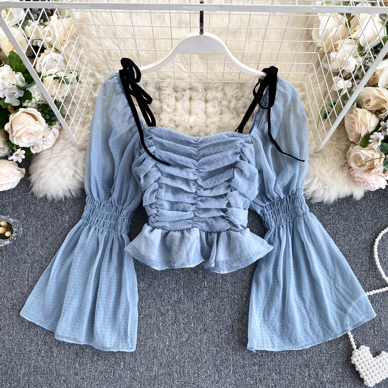 Fairy Puff Sleeve Pleated Cropped Chiffon Top 1020