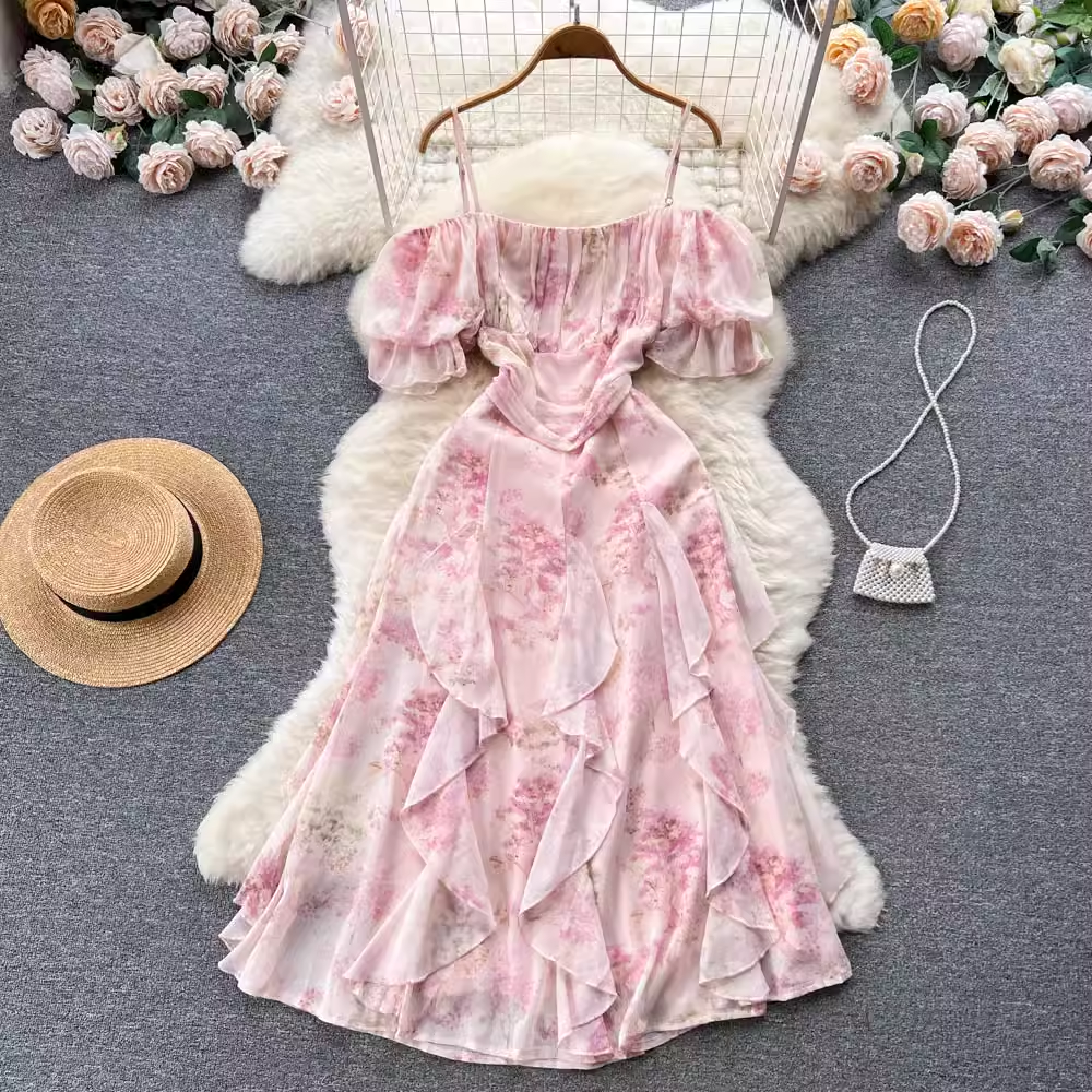 Summer Sweet Floral Dress Strapless Sling Irregular Fairy Long Skirt 1106