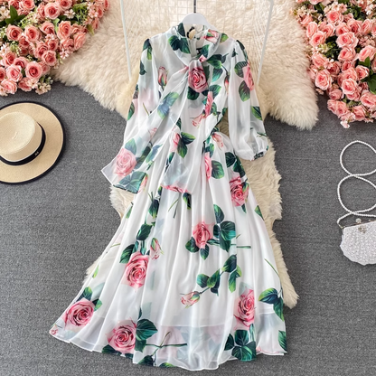Spring and Autumn Rose Print Tie Bow Chiffon Dress 1329