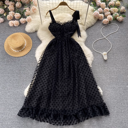 French Summer Fairy Air Net Gauze Tutu Skirt Mid Length Spaghetti Strap Dress 1009