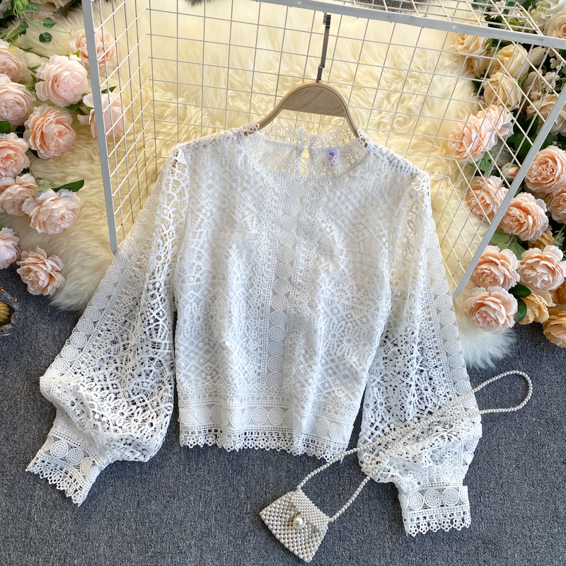 Hollow Lace Puff Sleeve Pullover Shirt Women Top 1009