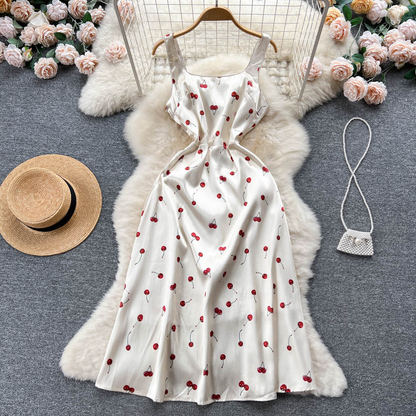 Satin Cherry Print Dress Summer Sweet Dress 1131
