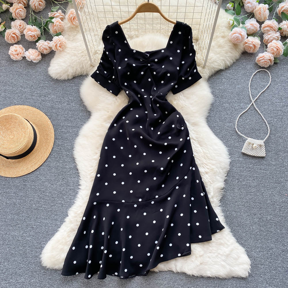 Women Summer  Dress Mermaid Midi Black Dots Skirt 1126