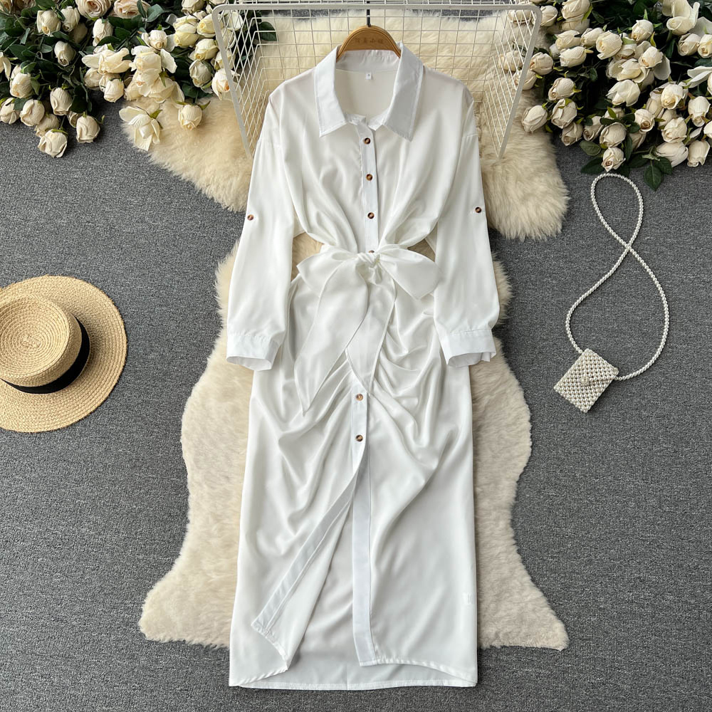 White Shirt Dress Women Spring and Autumn Elegant Long Skirt 1264