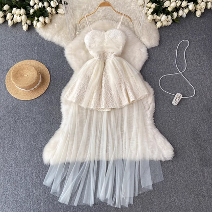 Lace Mesh Fluffy  Dress Summer Spaghetti Strap Dress 1176