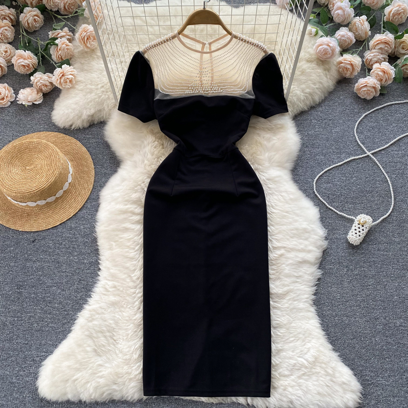 Elegant Mesh Beaded Evening Gown Summer Slim Dress 1012