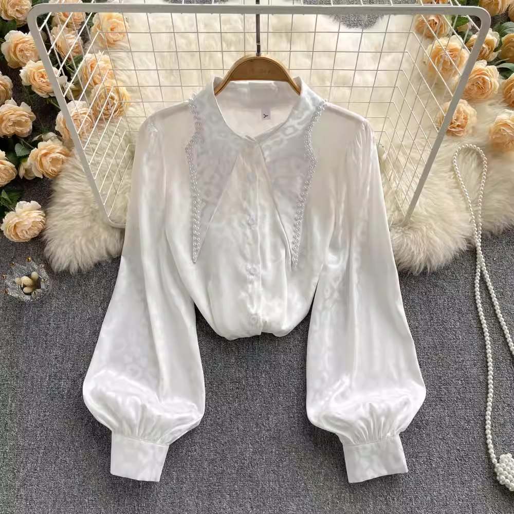 French Vintage Long sleeved Shirt Elegant Beaded Polo Collar Top 1044