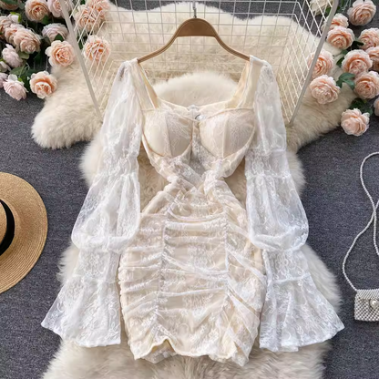 Square Neck Lace Long Sleeve Dress Sweet Fairy Short Skirt 1129