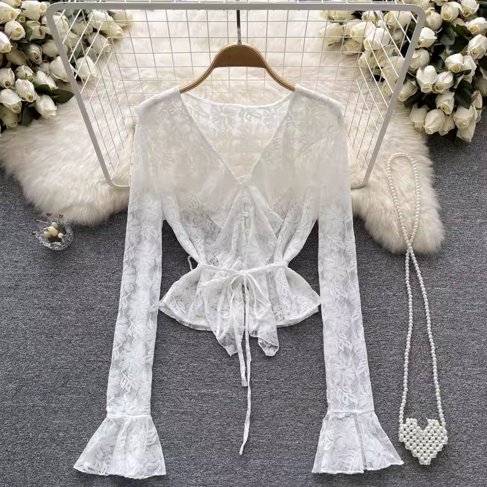 Hollow  V-neck  Lace Top Long Sleeves Summer Shirt 1056