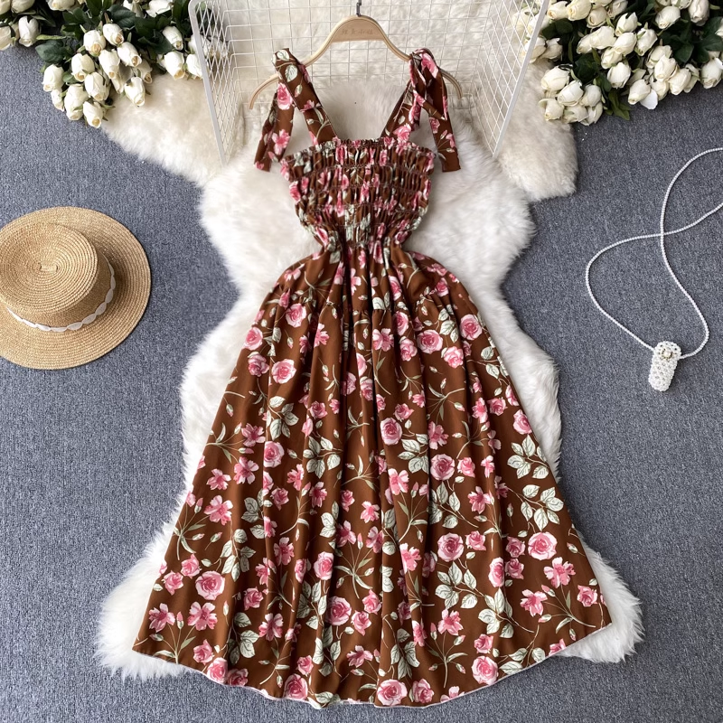 Summer Ruffle Floral Dress Retro Fairy Long Skirt 1275