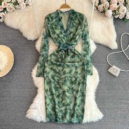 Green Long Sleeves V Neck Long Skirt Spring and Autumn Korean Style Printed Sheath Dress 1306
